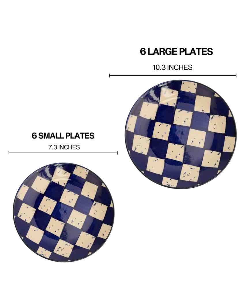 Elegant Blue Check Ceramic Stoneware Dinner Combo | Set of 42