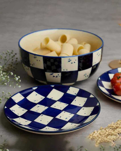 Unique Blue Check Ceramic Stoneware Serving Bowl | 1500 ML | 8 inches