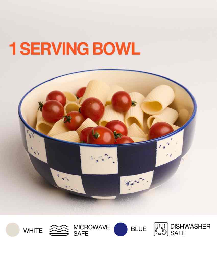 Unique Blue Check Ceramic Stoneware Serving Bowl | 1500 ML | 8 inches