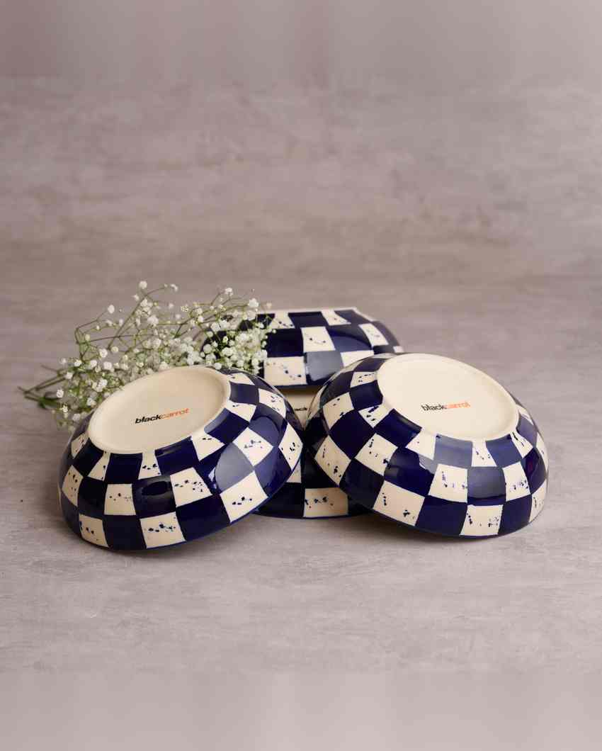 Vibrant Blue Check Ceramic Stoneware Snack Bowl | Set of 2 | 750 ML | 7 inches