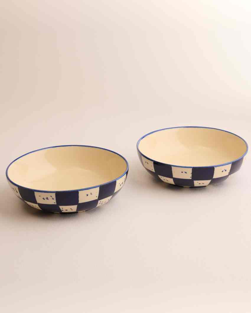 Vibrant Blue Check Ceramic Stoneware Snack Bowl | Set of 2 | 750 ML | 7 inches