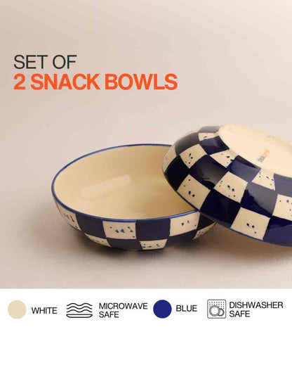 Vibrant Blue Check Ceramic Stoneware Snack Bowl | Set of 2 | 750 ML | 7 inches