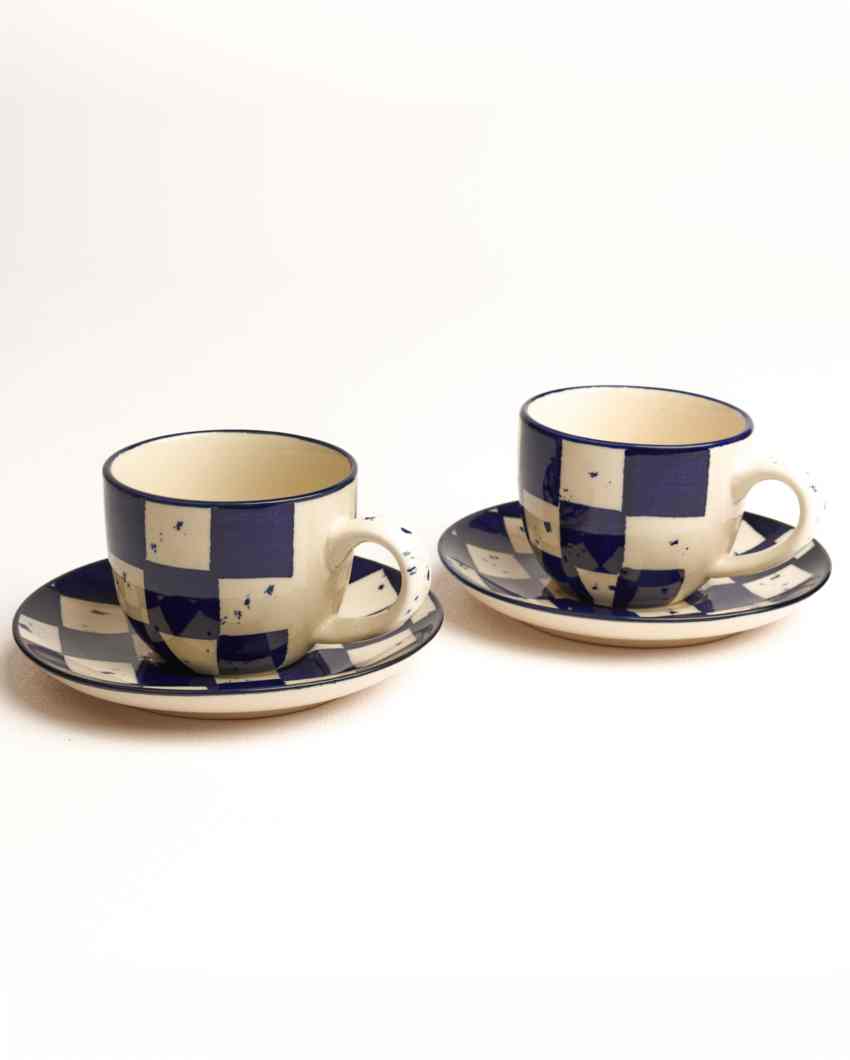 Vibrant Blue Check Ceramic Stoneware Tea Cup and Saucer | Set of 2 | 200 ML