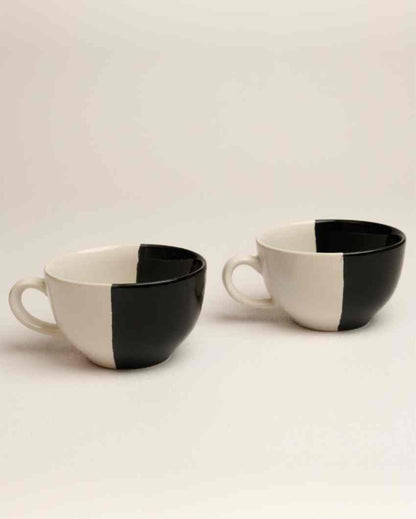 Minimalist Fifty Fifty White Ceramic Stoneware Coffee Mug | Set of 2 | 380 ML