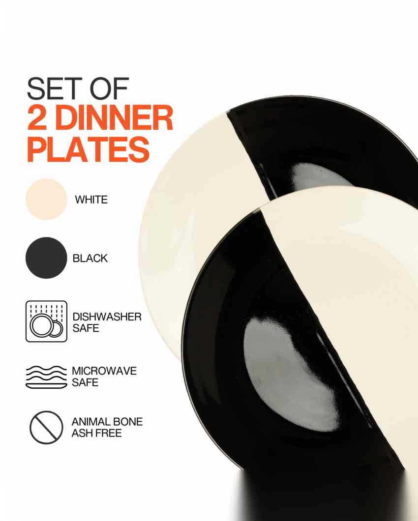 Elegant Fifty Fifty White Ceramic Stoneware Dinner Plate | Set of 2 | 10 inches