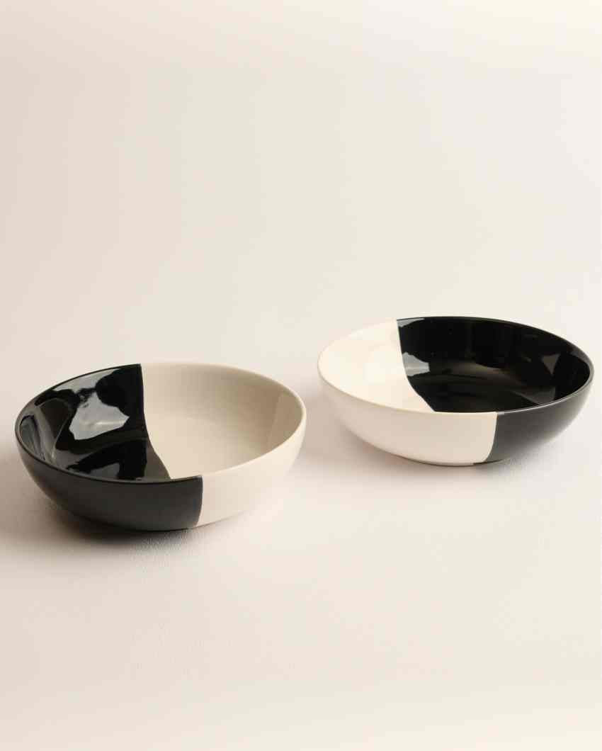 Modern Fifty Fifty White Ceramic Stoneware Snack Bowl | Set of 2 | 750 ML | 7 inches