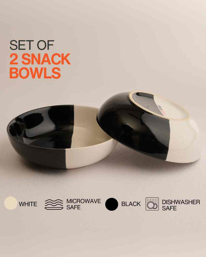 Modern Fifty Fifty White Ceramic Stoneware Snack Bowl | Set of 2 | 750 ML | 7 inches