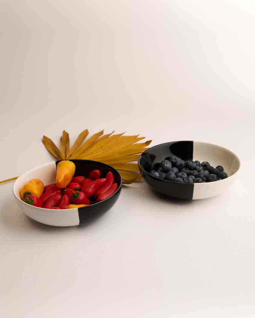 Modern Fifty Fifty White Ceramic Stoneware Snack Bowl | Set of 2 | 750 ML | 7 inches