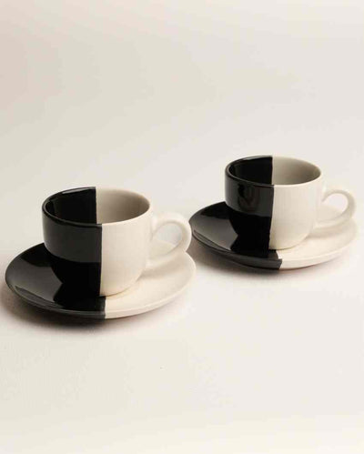 Minimalist Fifty Fifty White Ceramic Stoneware Tea Cup and Saucer | Set of 2 | 200 ML