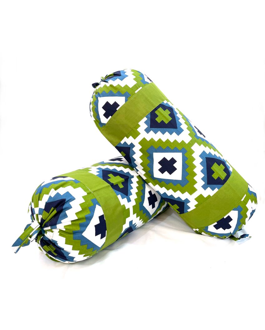 Traditional Printed Cylindrical Cotton Bolster Covers | Set Of 2 | 30 X 15 Inches