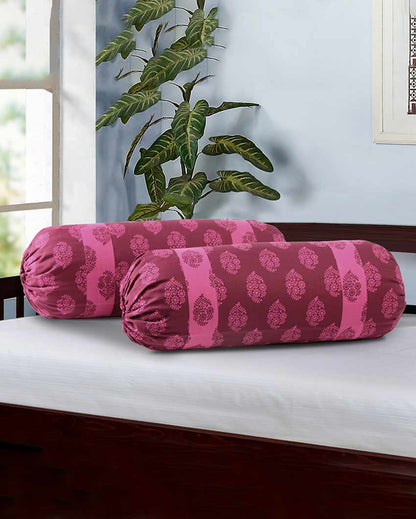 Maroon Floral Printed Cylindrical Cotton Bolster Covers | Set Of 2 | 30 X 15 Inches