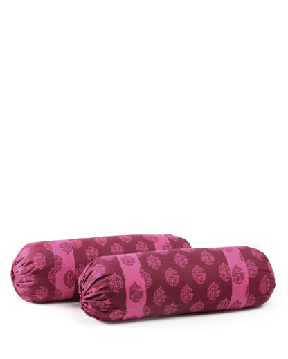 Maroon Floral Printed Cylindrical Cotton Bolster Covers | Set Of 2 | 30 X 15 Inches