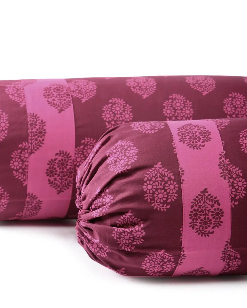 Maroon Floral Printed Cylindrical Cotton Bolster Covers | Set Of 2 | 30 X 15 Inches