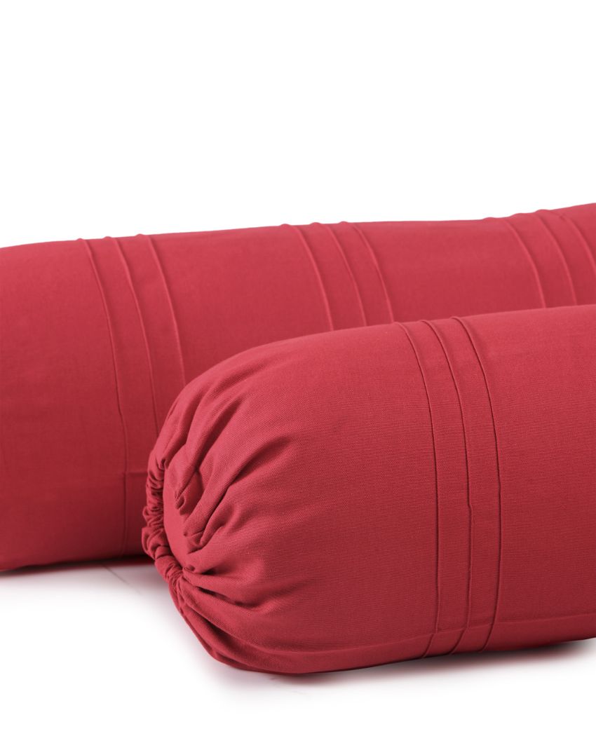 Solid Simple Cylindrical Cotton Bolster Covers | Set Of 2 | 30 X 15 Inches Red