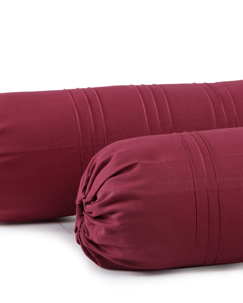 Solid Simple Cylindrical Cotton Bolster Covers | Set Of 2 | 30 X 15 Inches Maroon