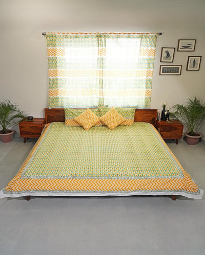 Sunlit Haven Printed Cotton 1 Bedsheet with 2 Pillow Covers