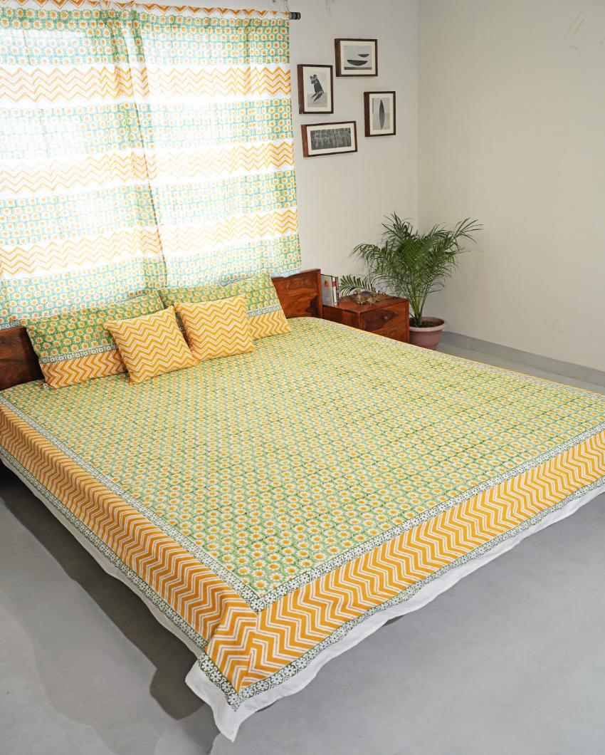 Sunlit Haven Printed Cotton Bedsheet with 2 Pillow Cover, 2 Cushion Covers