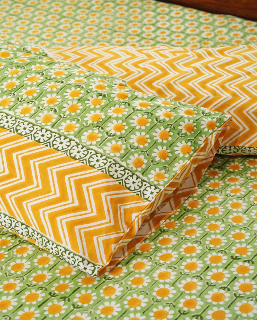 Sunlit Haven Printed Cotton Bedsheet with 2 Pillow Cover, 2 Cushion Covers