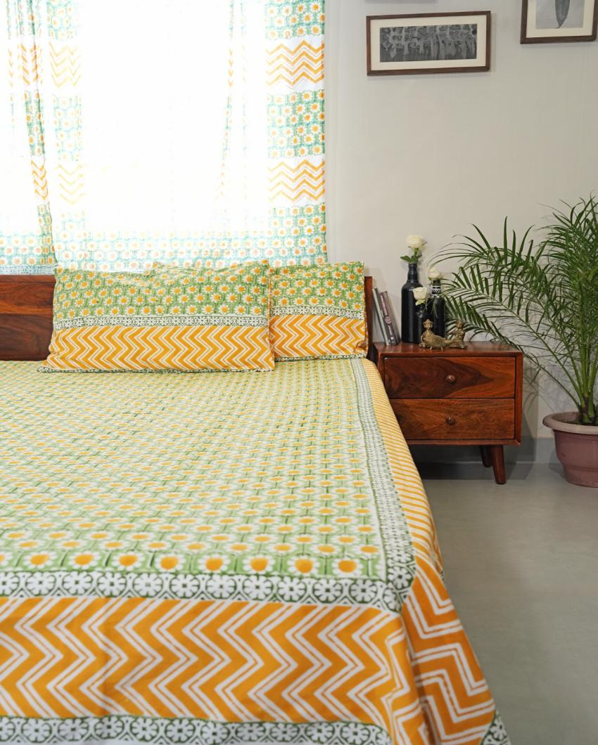 Sunlit Haven Printed Cotton 1 Bedsheet with 2 Pillow Covers