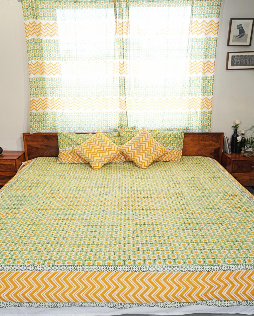 Sunlit Haven Printed Cotton 1 Bedsheet with 2 Pillow Covers