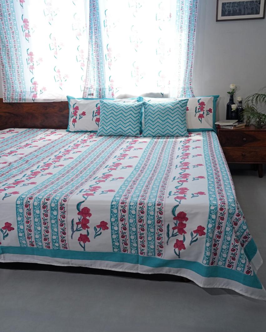 Poppy Dream Printed Cotton Bedsheet with 2 Pillow Cover, 2 Cushion Covers