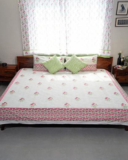 Rosy Meadow Printed Cotton Bedsheet with 2 Pillow Covers