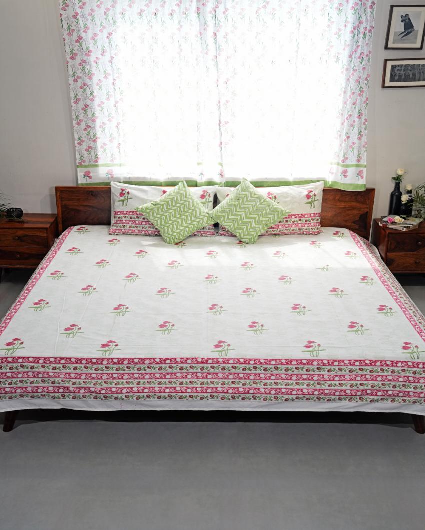 Rosy Meadow Printed Cotton Bedsheet with 2 Pillow Cover, 2 Cushion Covers