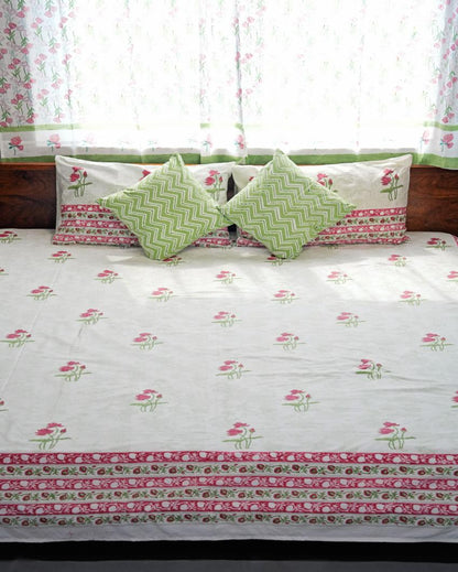 Rosy Meadow Printed Cotton Bedsheet with 2 Pillow Cover, 2 Cushion Covers