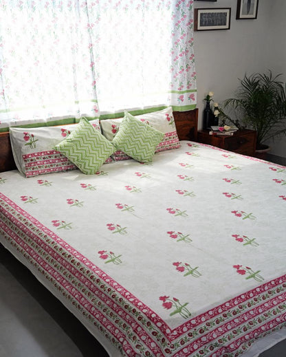 Rosy Meadow Printed Cotton Bedsheet with 2 Pillow Covers