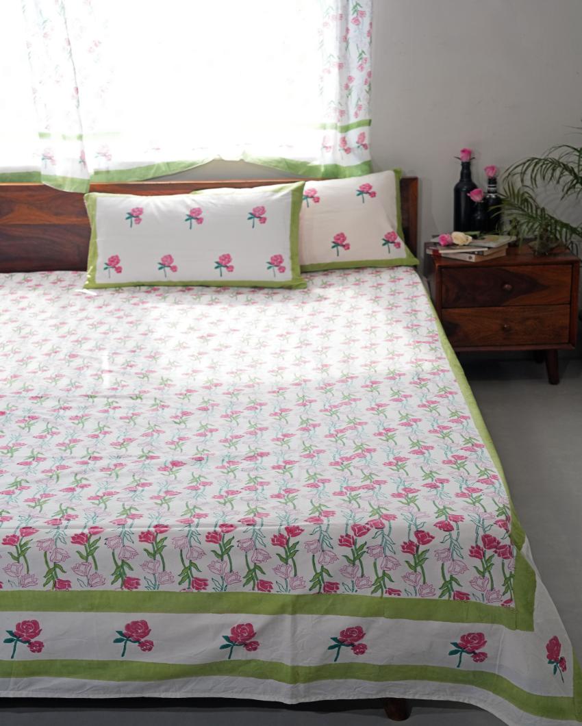 Blooming Meadow Printed Cotton Bedsheet with 2 Pillow Cover, 2 Cushion Covers