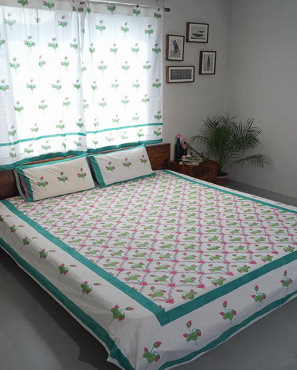 Lotus Dreams Printed Cotton Bedsheet with 2 Pillow Covers