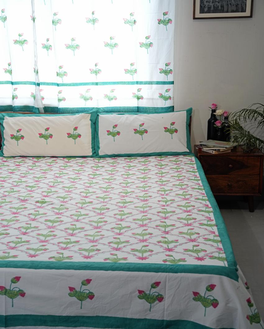 Lotus Dreams Printed Cotton Bedsheet with 2 Pillow Covers