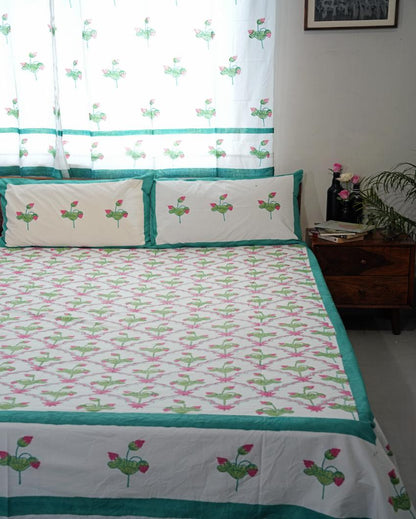 Lotus Dreams Printed Cotton Bedsheet with 2 Pillow Covers