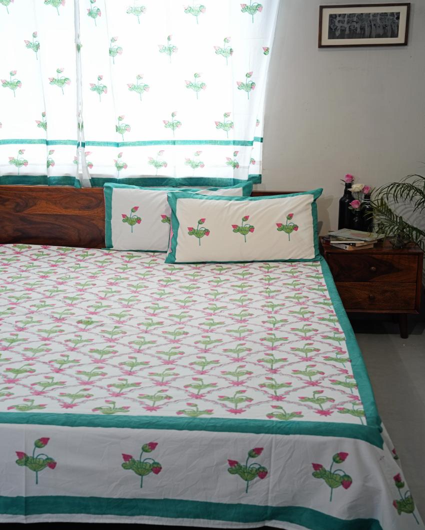 Lotus Dreams Printed Cotton Bedsheet with 2 Pillow Covers