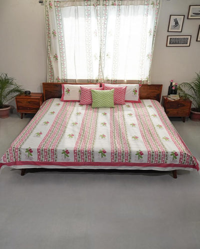 Serene Swan Lotus Printed Cotton Bedsheet with 2 Pillow Cover, 2 Cushion Covers