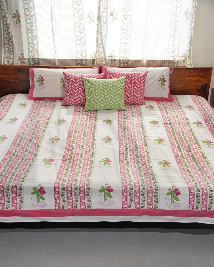 Serene Swan Lotus Printed Cotton Bedsheet with 2 Pillow Covers