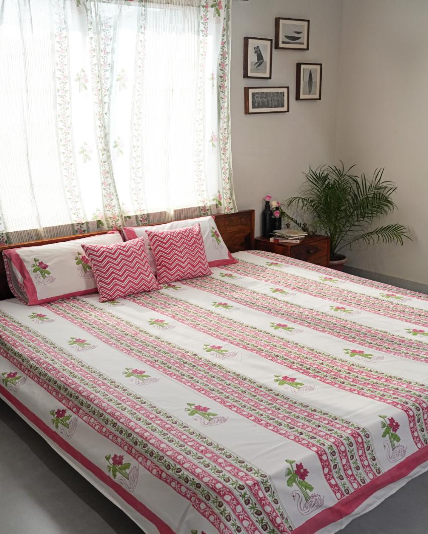 Serene Swan Lotus Printed Cotton Bedsheet with 2 Pillow Covers