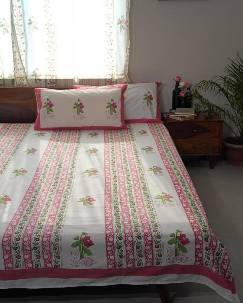 Serene Swan Lotus Printed Cotton Bedsheet with 2 Pillow Cover, 2 Cushion Covers