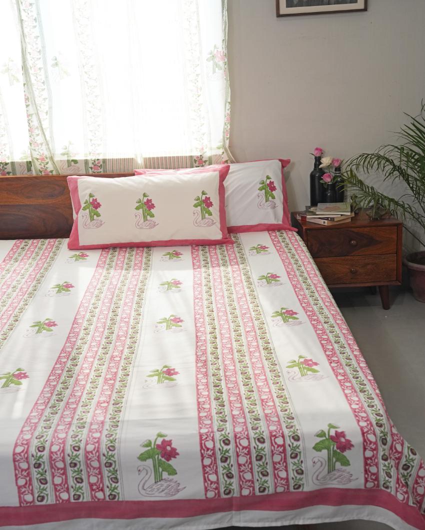 Serene Swan Lotus Printed Cotton Bedsheet with 2 Pillow Covers