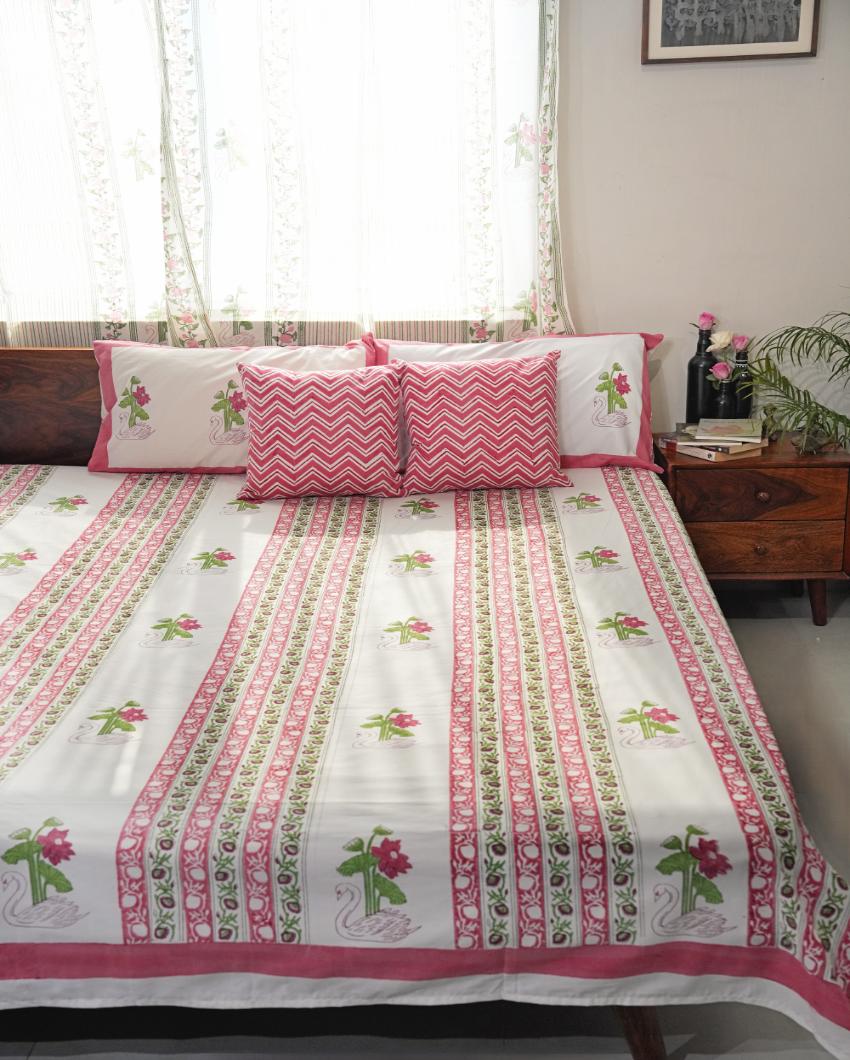 Serene Swan Lotus Printed Cotton Bedsheet with 2 Pillow Covers