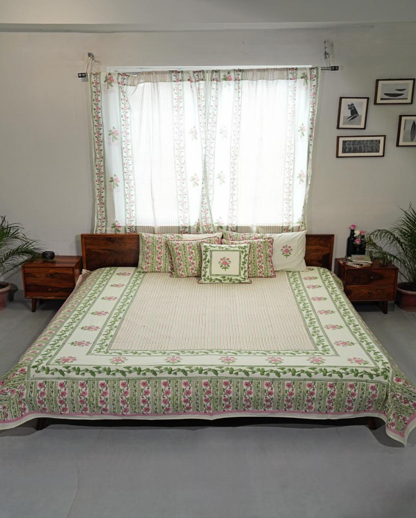 Serene Garden Printed Cotton Bedsheet with 2 Pillow Covers