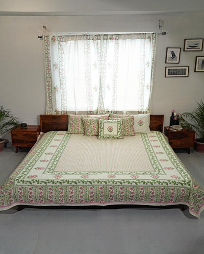 Serene Garden Printed Cotton Bedsheet with 2 Pillow Cover, 2 Cushion Covers