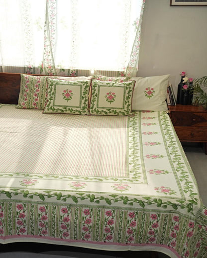 Serene Garden Printed Cotton Bedsheet with 2 Pillow Cover, 2 Cushion Covers