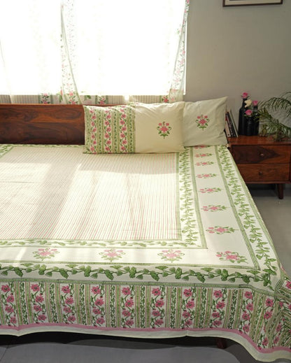 Serene Garden Printed Cotton Bedsheet with 2 Pillow Covers