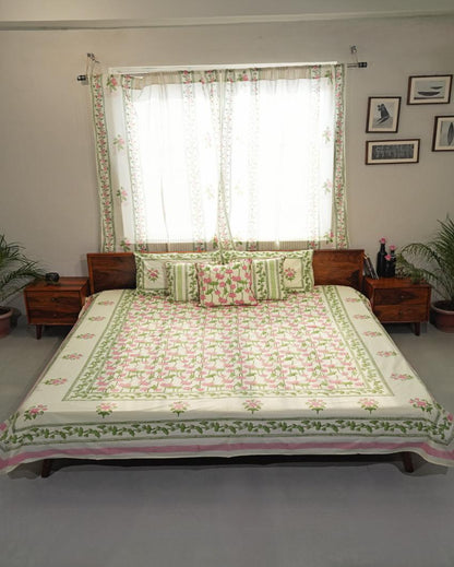 Serene Lotus Garden Printed Cotton Bedsheet with 2 Pillow Covers