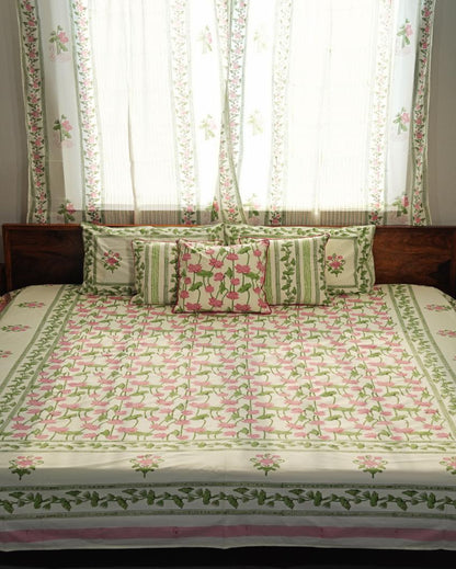 Serene Lotus Garden Printed Cotton Bedsheet with 2 Pillow Covers