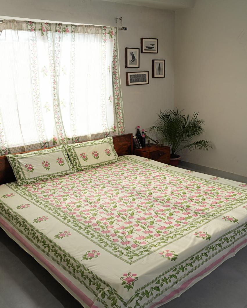 Serene Lotus Garden Printed Cotton Bedsheet with 2 Pillow Covers