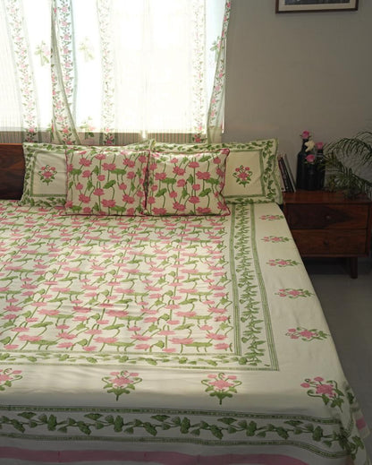 Serene Lotus Garden Printed Cotton Bedsheet with 2 Pillow Cover, 2 Cushion Covers