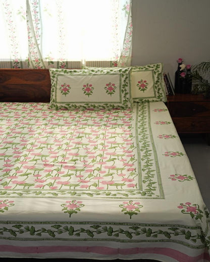 Serene Lotus Garden Printed Cotton Bedsheet with 2 Pillow Covers