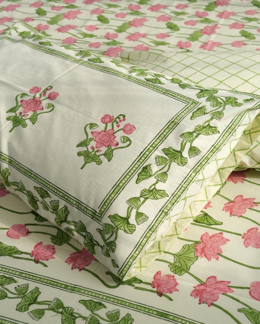 Serene Lotus Garden Printed Cotton Bedsheet with 2 Pillow Covers